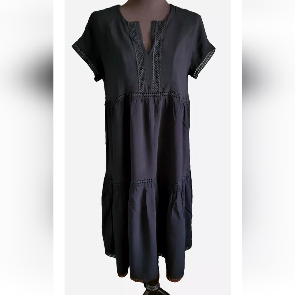 Imanimo Eyelet Trim Maternity Tiered Babymoon Midi Dress Viscose Black Short Slv